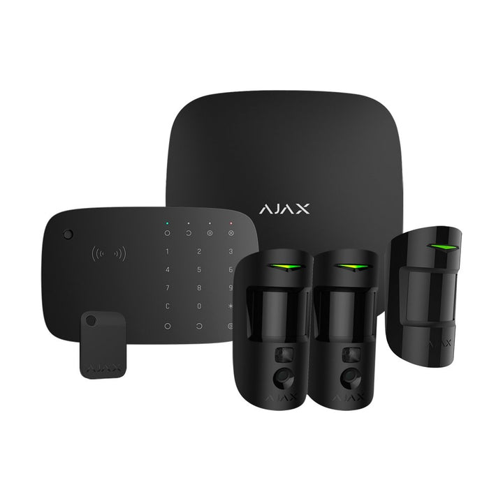 Kit de Alarma Ajax Negra (Central Hub2 4G - 2 Sensores Pir con fotografías a demanda PhOd - Sensor Pir - Teclado con Lector RFID Con Sirena - Llavero)