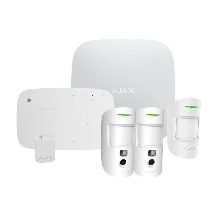 Kit de Alarma Ajax Blanca (Central Hub2 4G - 2 Sensores Pir con fotografías a demanda PhOd - Sensor Pir - Teclado con Lector RFID Con Sirena - Llavero)