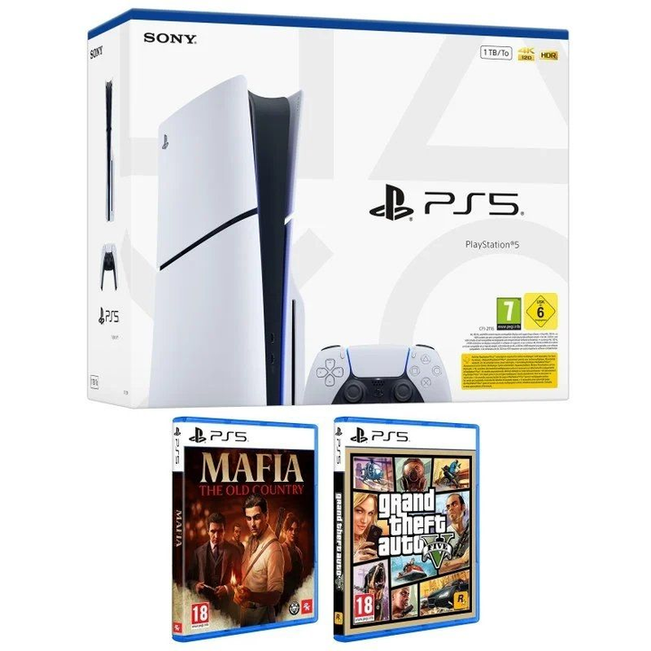 Sony PlayStation 5 Slim 1TB Chassis E + Mando Dual Sense y Juego GTA V + Mafia: The Old Country