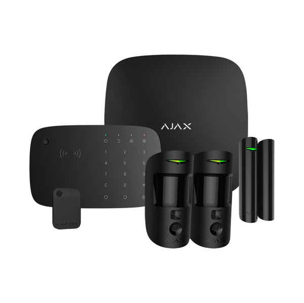 Kit de Alarma Ajax Negra (Central Hub2 - 2 Sensores Pir con Camara - Sensor Magnetico - Teclado con Lector RFID Con Sirena - Llavero)